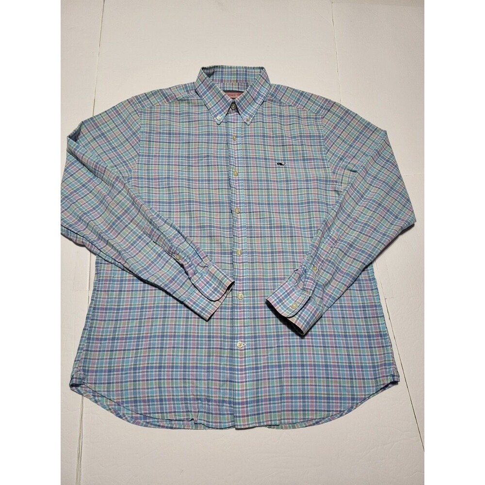 (#L8)Vineyard Vines Men’s Whale Shirt Logo Multi Check Blue Pale Green/Whit SZ M